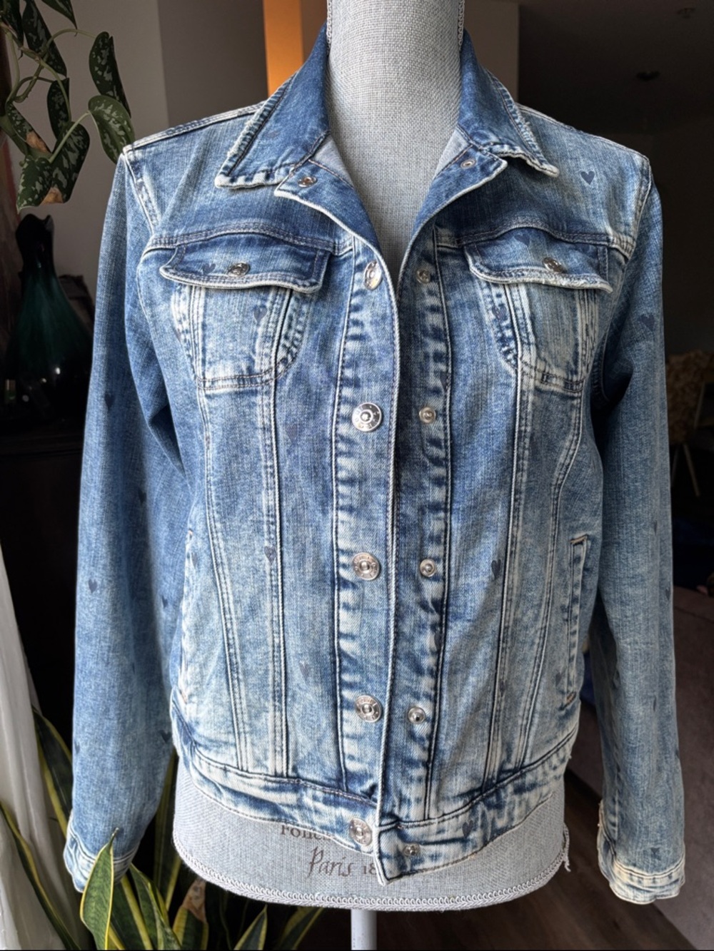 OUI Light Blue Denim Jacket with Blue Heart Print - Women's Classic Jean Jacket
